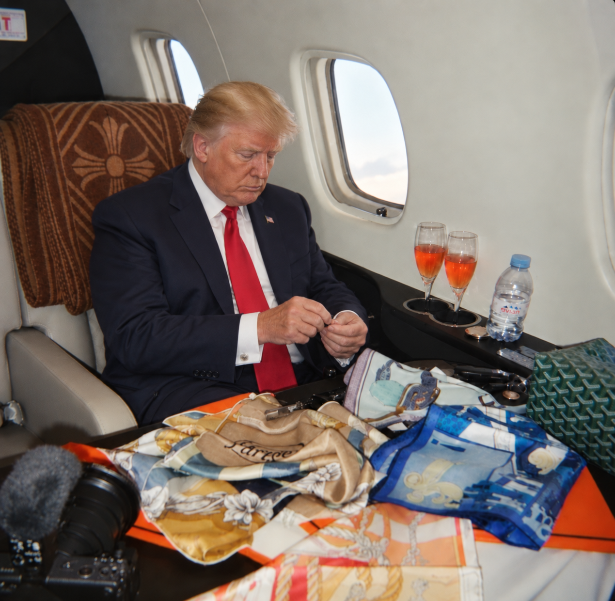 Trump on a private jet surrounded by luxury silk scarves